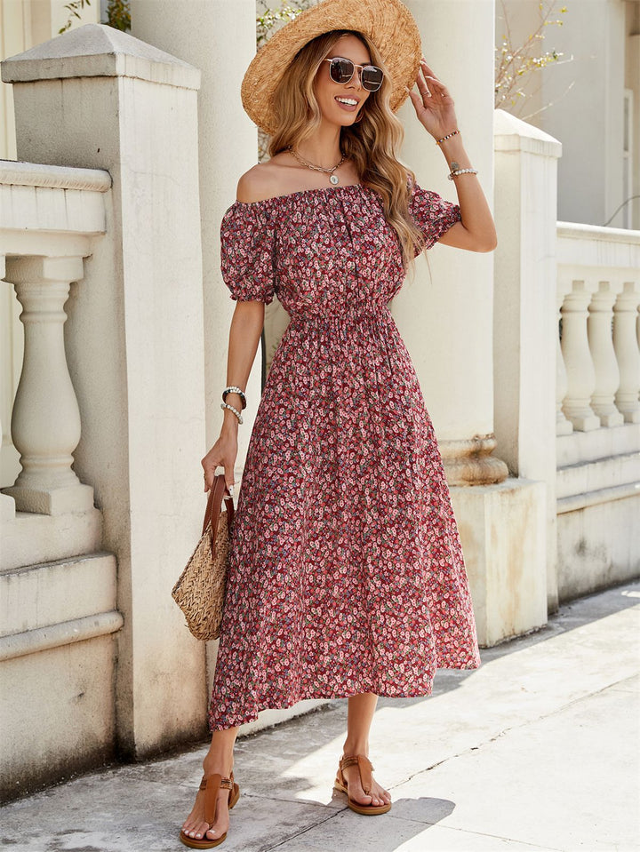 Damen luftiges Midikleid mit Puffärmeln und floralem Muster Drune