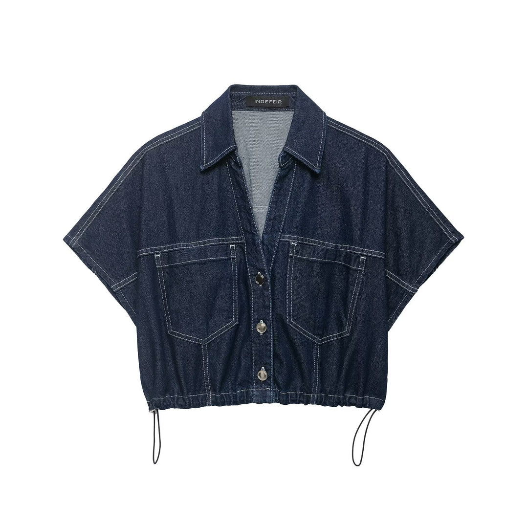 Damen Oversize Denim-Bluse mit praktischen Taschen und elastischem Saum Drune