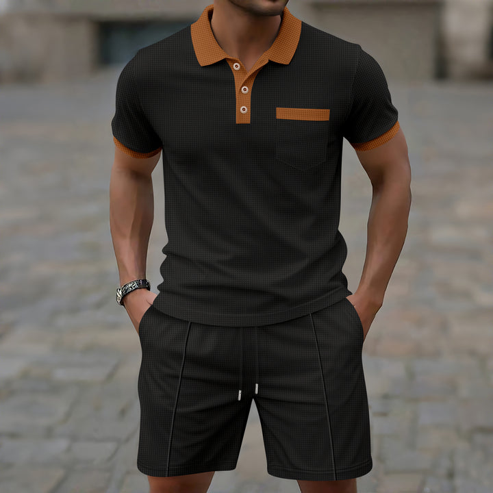 Herren Polohemd mit strukturierter Textur und modischem Kurzsporthosen Set Drune