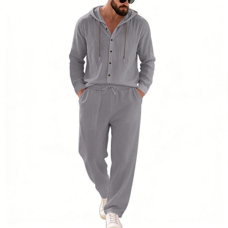 Herren nan legeres Kapuzen-Lounge-Set mit Knopfleiste, Kordelbundhose und seitlichen Eingrifftaschen Drune