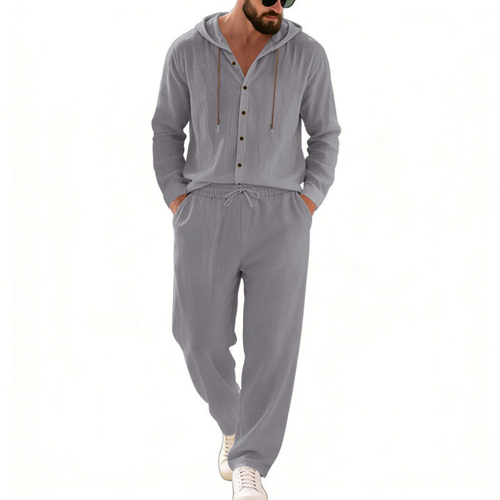 Herren nan legeres Kapuzen-Lounge-Set mit Knopfleiste, Kordelbundhose und seitlichen Eingrifftaschen Drune