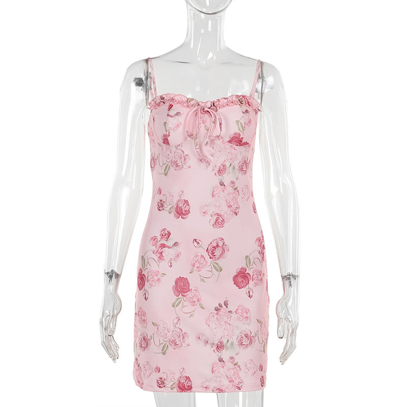 Damen Blumen Kleid mit verstellbaren Spaghetti-Trägern und süßem Rüschendetail Drune