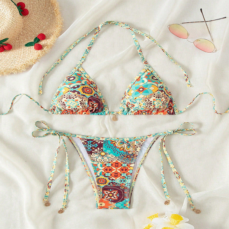 Damen Triangel-Bikini mit verspieltem Bindesystem und farbenfrohem Muster Drune