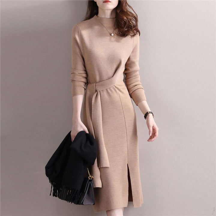 Damen elegantes Wickelkleid mit tiefem V-Ausschnitt und seitlichem Schlitz Drune