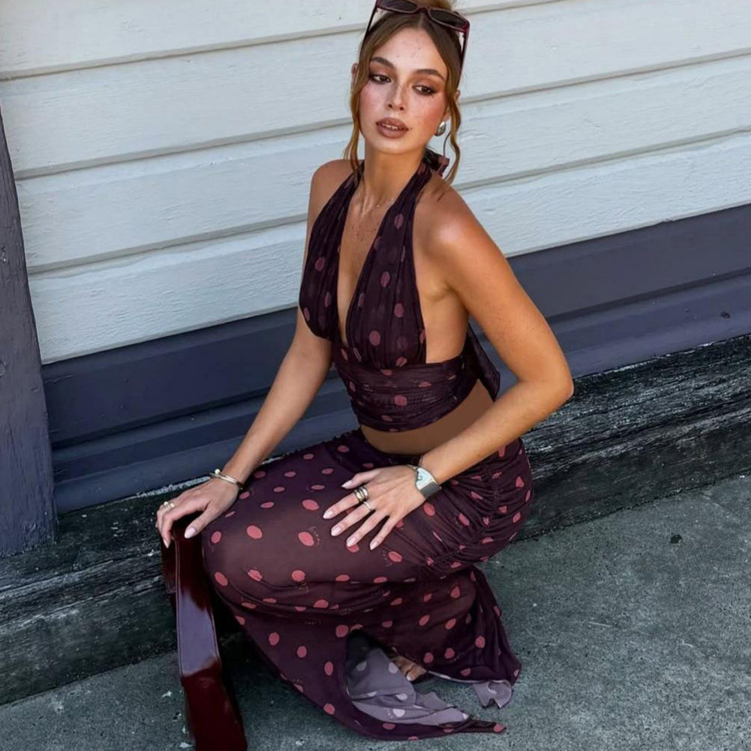 Damen Elegantes Maxikleid im Polka-Dots Design mit tiefem V-Ausschnitt und taillierter Silhouette Drune