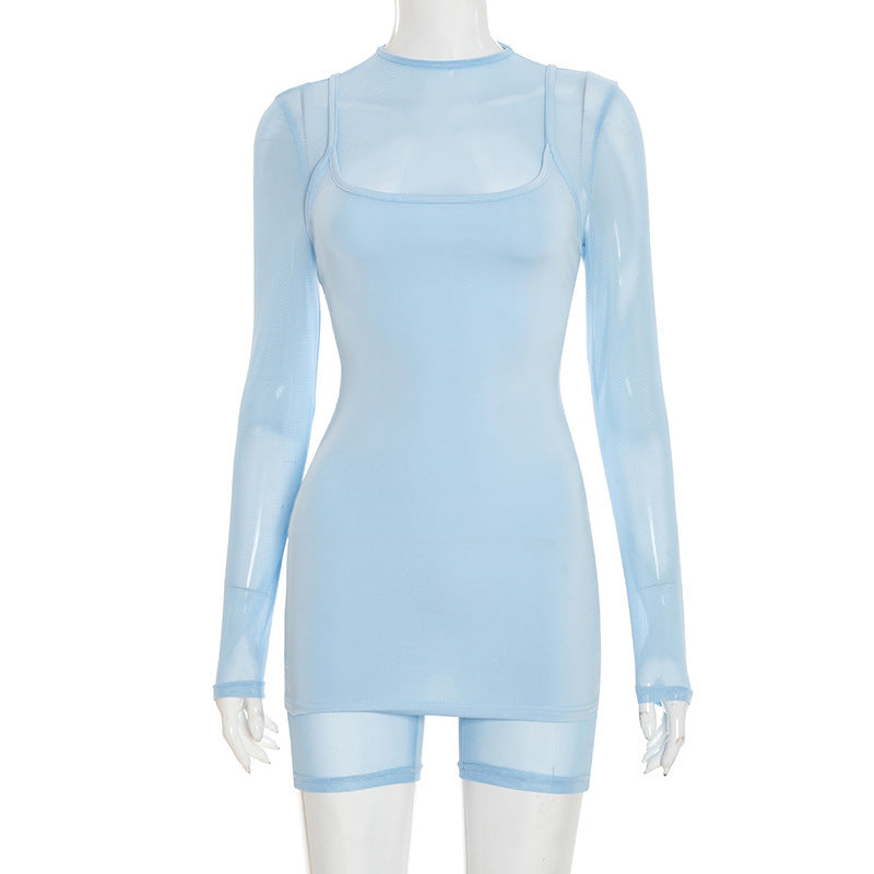 Damen Körperbetontes Longsleeve-Overall mit transparenten Ärmeln und figurformendem Schnitt Drune