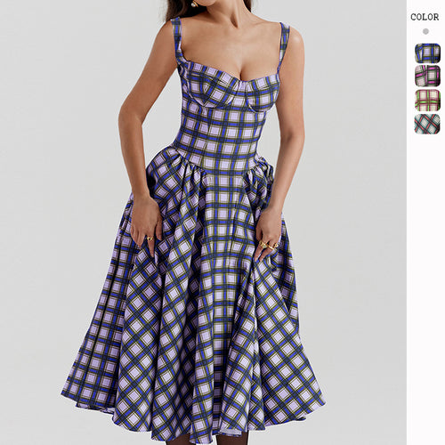 Damen Midikleid im Karomuster mit strukturiertem Oberteil und voluminösem Rock Drune