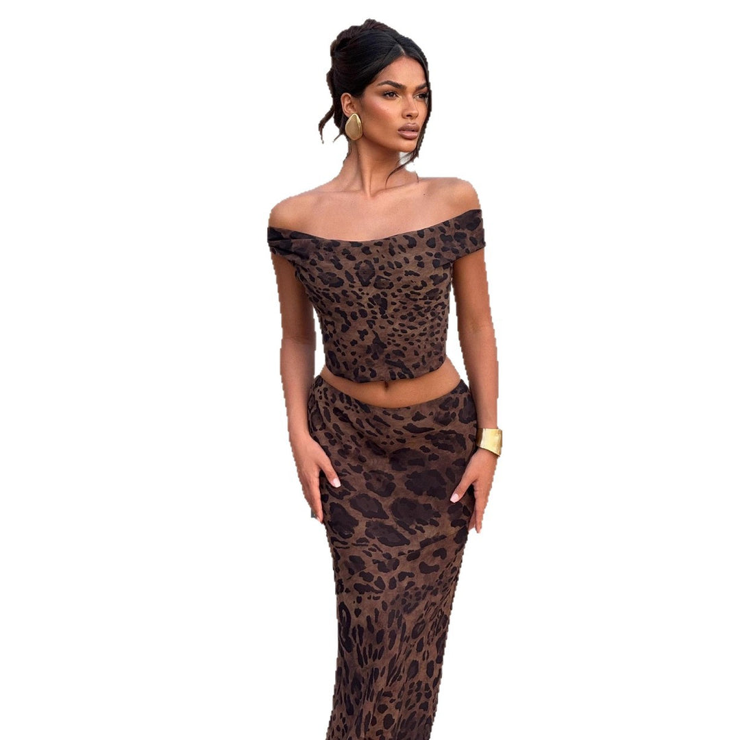 Damen Elegantes Set aus Crop-Top und Maxirock mit Leopardenmuster Drune