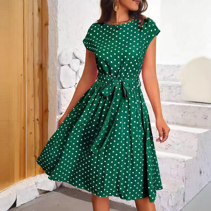Damen Midikleid mit taillierendem Bindegürtel und verspieltem Polka-Dots Design Drune