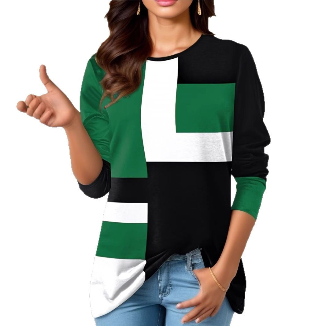 Damen nan geometrisches Colorblock Longsleeve-Tunika-Oberteil mit Rundhalsausschnitt und asymmetrischem Saum Drune