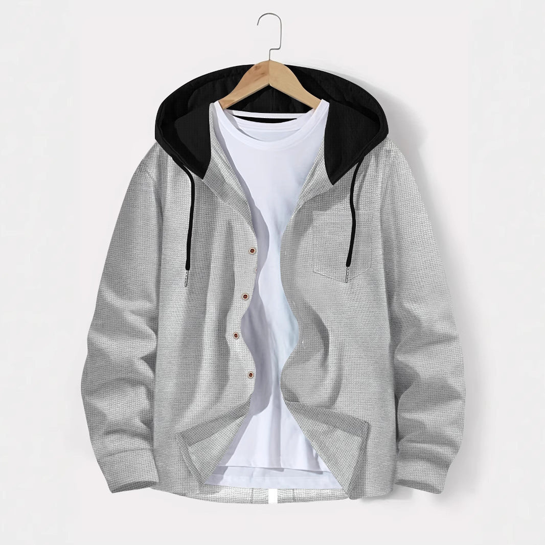 Herren nan leichtes Utility-Hoodie-Überhemd mit Kontrastkapuze, Knopfleiste und Brusttasche Drune