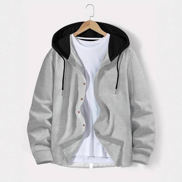 Herren nan leichtes Utility-Hoodie-Überhemd mit Kontrastkapuze, Knopfleiste und Brusttasche Drune