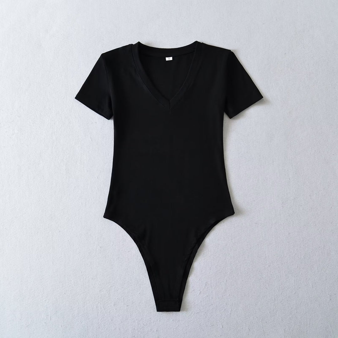 Damen Body mit tiefem V-Ausschnitt und kurzärmligem Design Drune