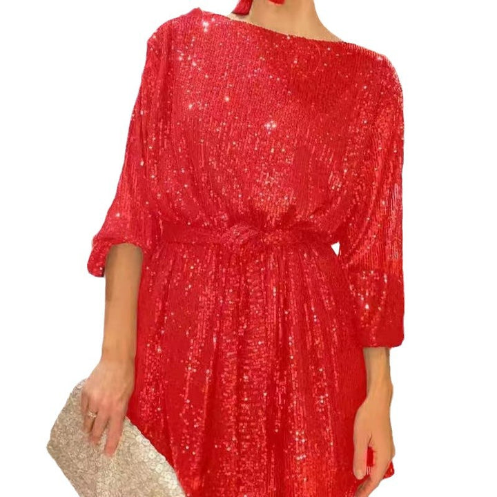 Damen Glitzerndes Minikleid mit langen Ärmeln und schimmerndem Oberstoff Drune