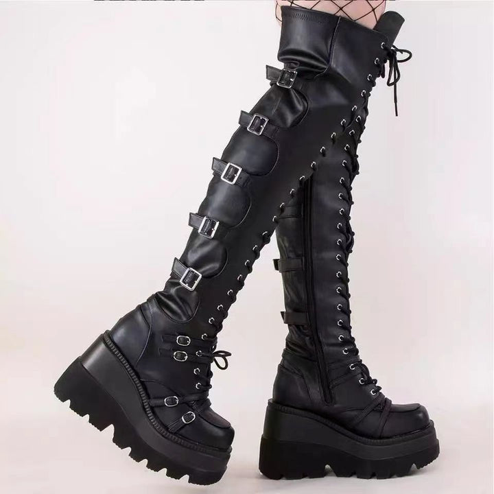 Damen Überknie Stiefel mit Schnallen-Detail und robustem Plateau Drune