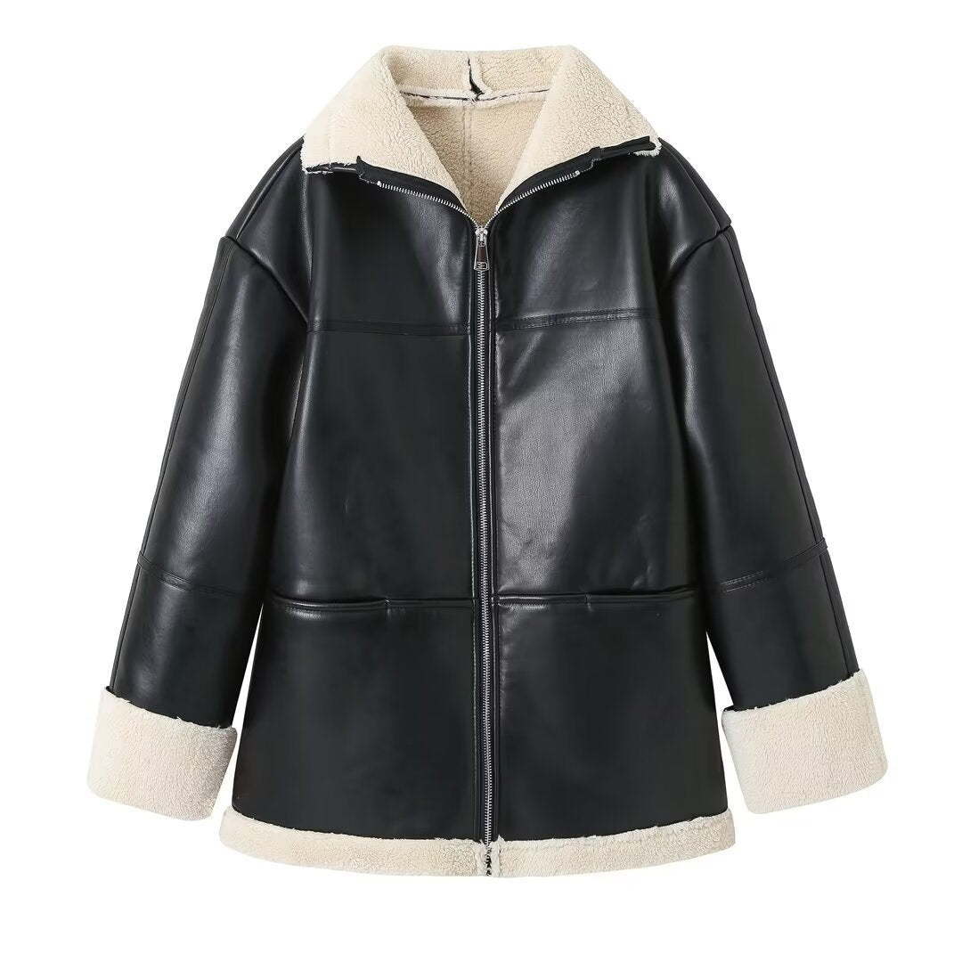 Damen gesteppte Kunstlederjacke mit warmem Innenfutter und elegantem Revers Drune
