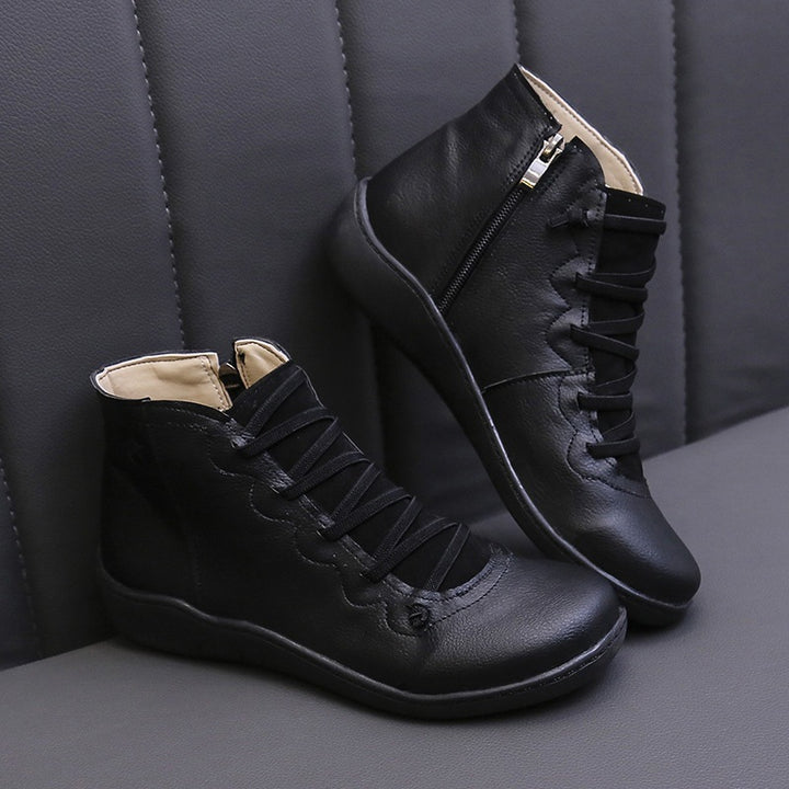 Damen nan knöchelhohe Lederstiefelette mit seitlichem Reißverschluss, elastischer Schnürung und ergonomischer Komfortsohle Drune