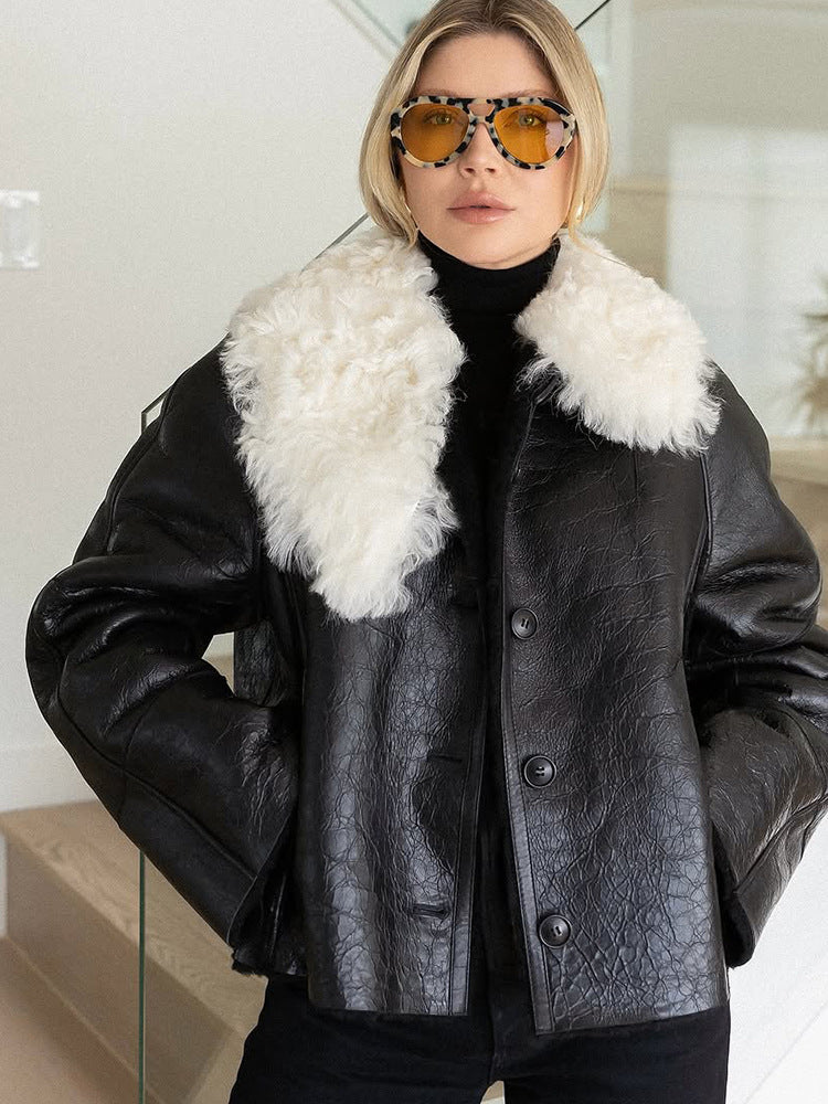 Damen luxuriöse Kunstlederjacke mit weichem Pelzkragen Drune