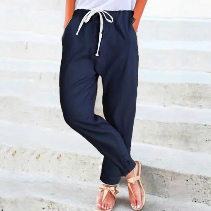 Damen elegante Freizeithose mit elastischem Bund und Bindegürtel Drune