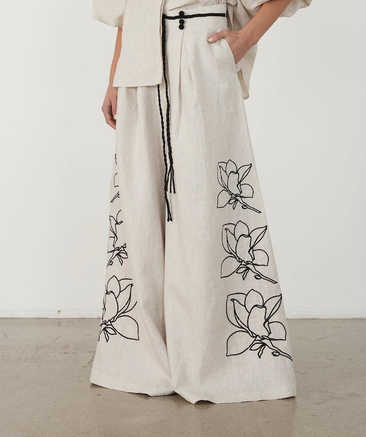 Damen Weit geschnittene Leinenhose mit floralen Stickereien Drune