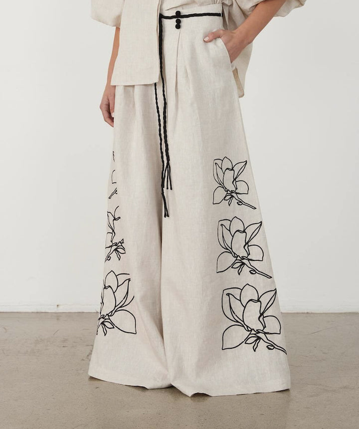Damen Weit geschnittene Leinenhose mit floralen Stickereien Drune