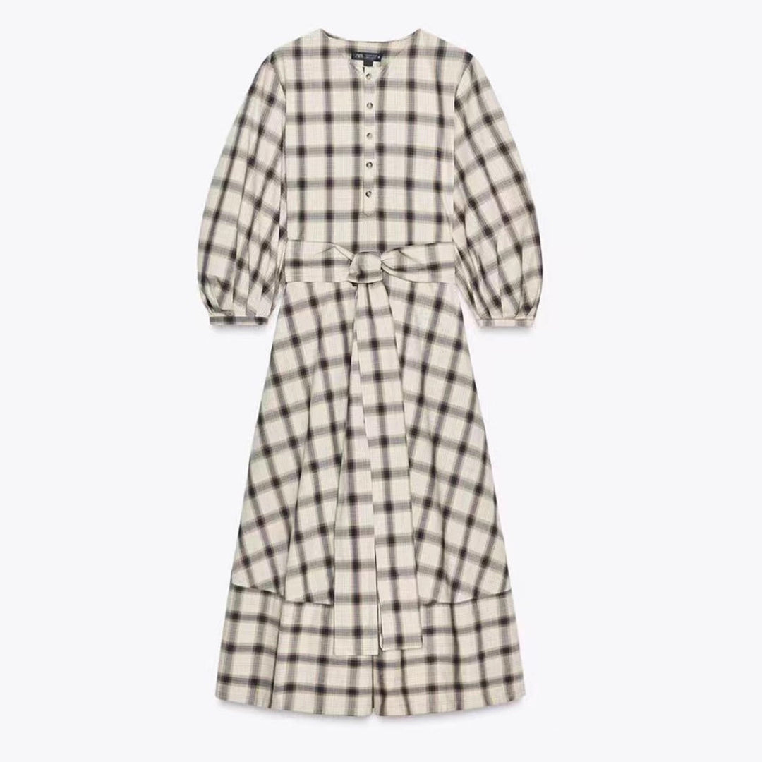Damen Karierte Maxikleid mit Taillengürtel Drune