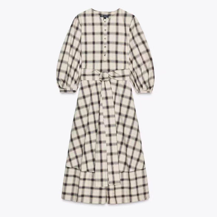 Damen Karierte Maxikleid mit Taillengürtel Drune