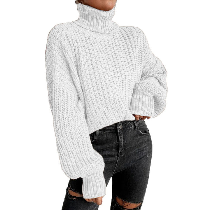 Damen Grob gestrickter Pullover mit hohem Kragen und weit ausgestellten Ärmeln Drune