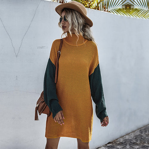 Damen Strickkleid mit hohem Kragen und kontrastierenden Ärmeln Drune