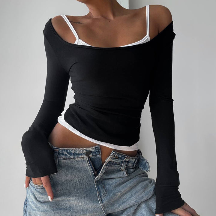 Damen nan tailliertes Longsleeve-Cropped-Top mit eckigem Ausschnitt und doppelten Spaghettiträgern Drune