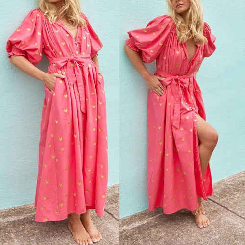 Damen Sommerkleid mit Puffärmeln und goldenen Details Drune