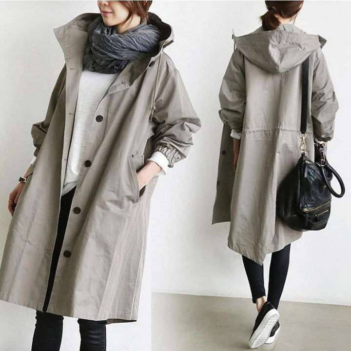 Damen nan leichter oversized Regenmantel mit Kapuze und verdeckter Knopfleiste Drune
