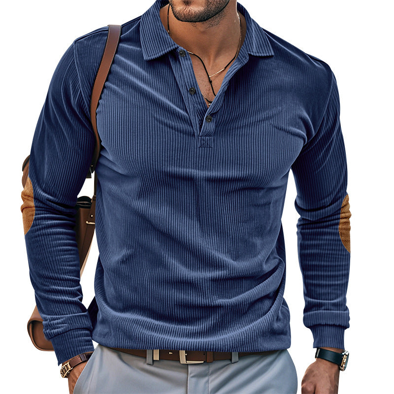 Herren lässiges Langarm-Henley-Shirt mit strukturiertem Rippenstoff und kontrastierenden Ellbogenpatches Drune