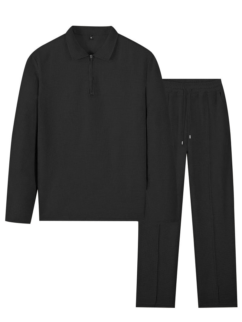 Unisex nan Waffelstruktur Freizeit-Set mit Halbzip-Poloshirt und elastischer Bundhose Drune