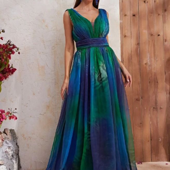 Damen elegantes Maxikleid mit fließendem Chiffon-Oberteil und V-Ausschnitt Drune