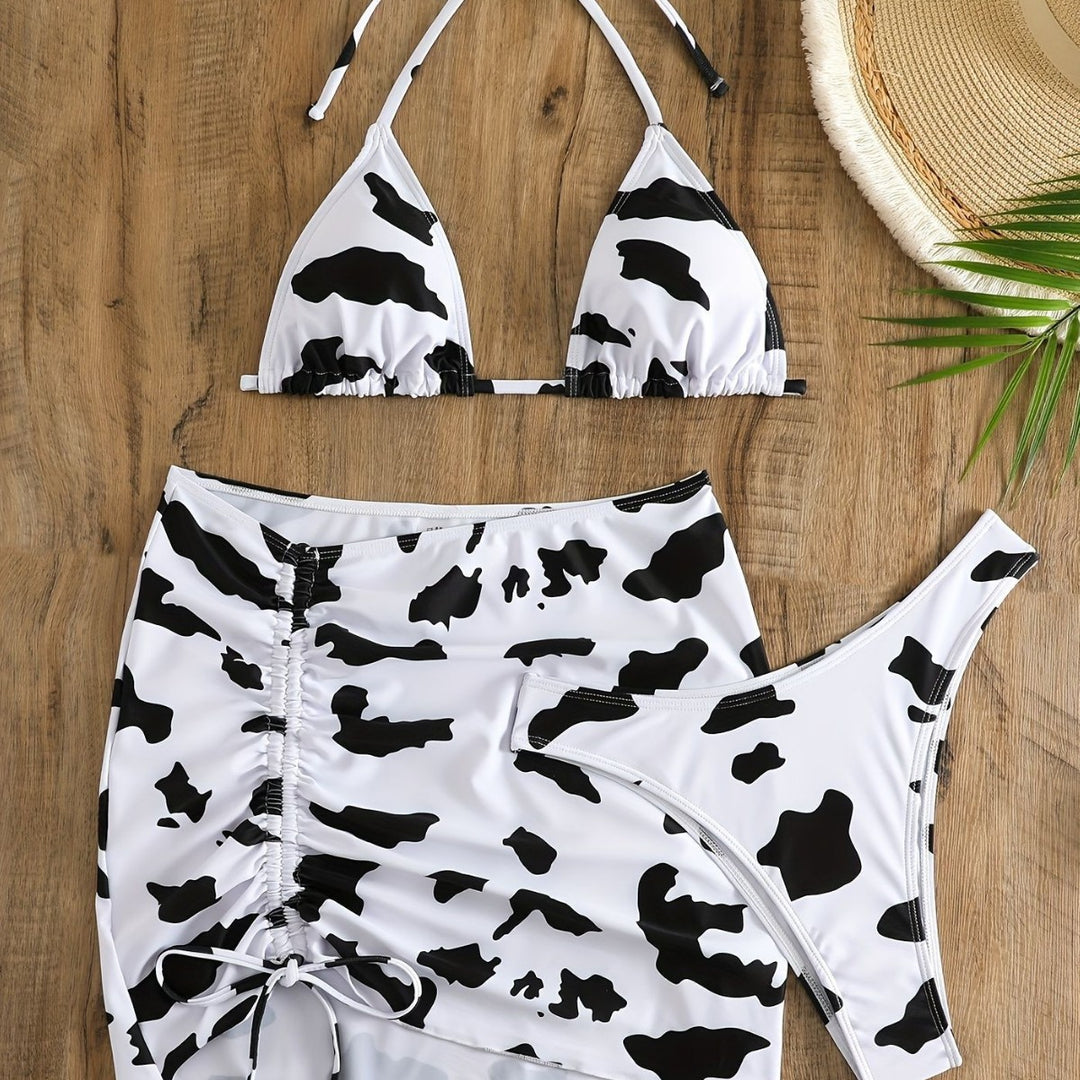 Damen Triangel-Bikini mit verstellbarem Rock und einzigartigem Kuhmuster Drune