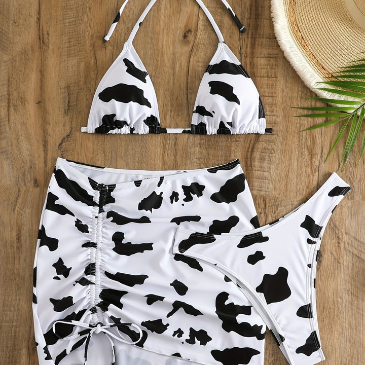 Damen Triangel-Bikini mit verstellbarem Rock und einzigartigem Kuhmuster Drune