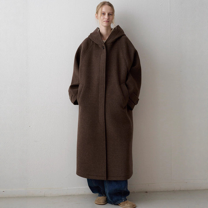 Damen oversized Wollmantel mit praktischer Kapuze Drune