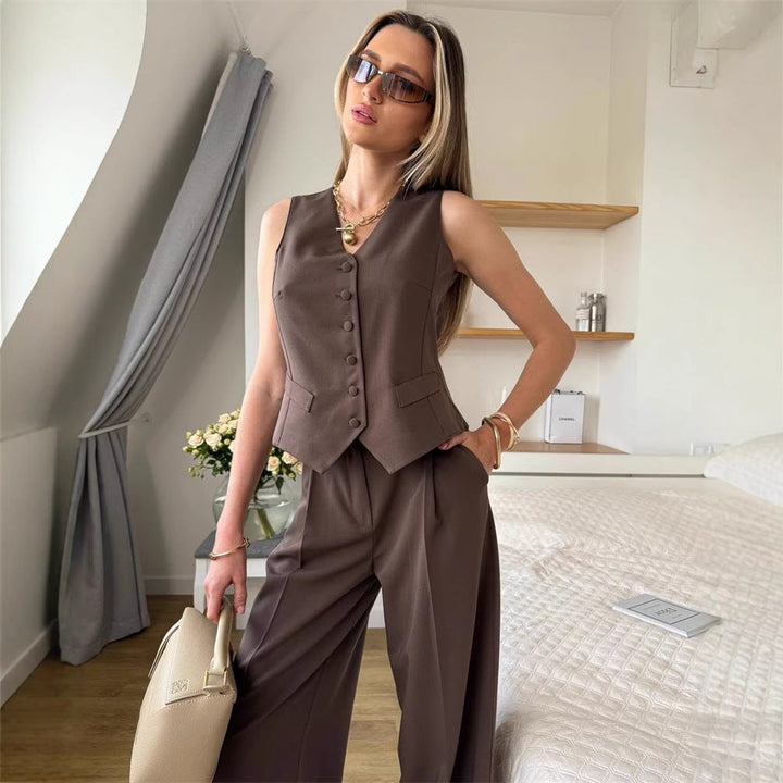 Damen elegantes 3-teiliges Anzug-Set mit ärmelloser Weste und weiten Hosen Drune