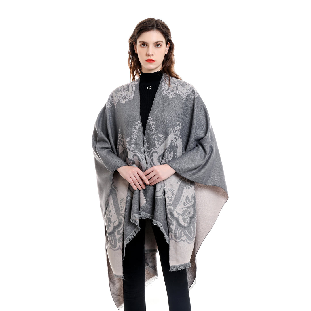 Damen Eleganter Kimono-Poncho mit kunstvollem Muster und fransigen Kanten Drune
