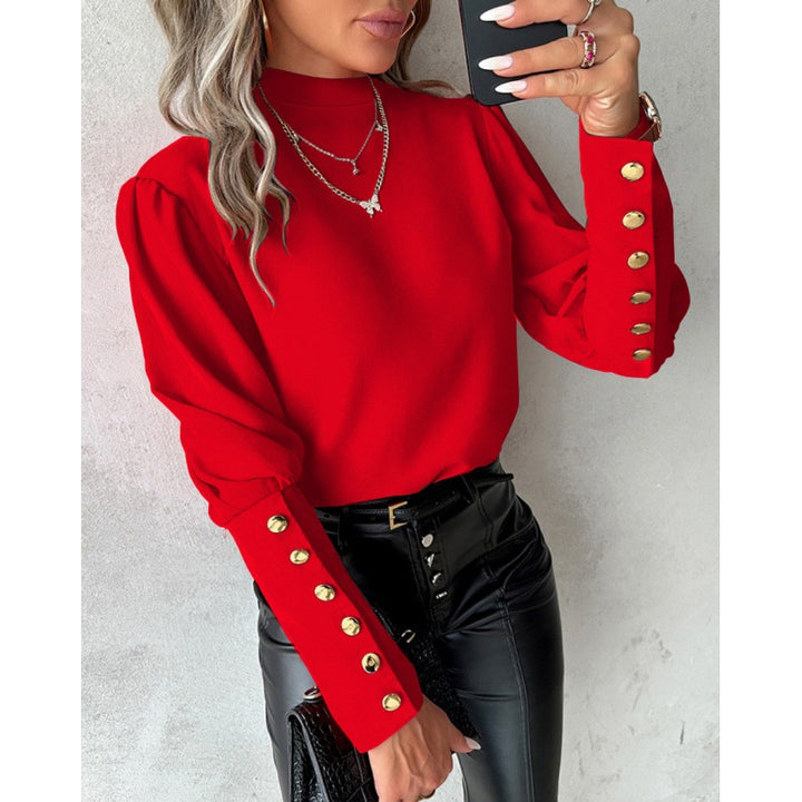 Damen elegante Bluse mit Puffärmeln und goldenen Knopfdetails Drune