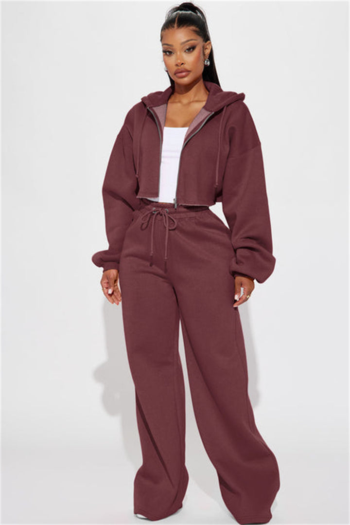 Damen nan Kapuzen-Crop-Top und weite Jogginghose Lounge-Set aus weichem Fleece Drune