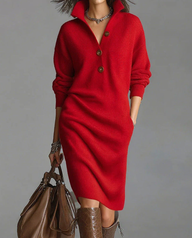 Damen nan gestricktes Pulloverkleid mit Polokragen, Eingrifftaschen und lässiger Passform Drune