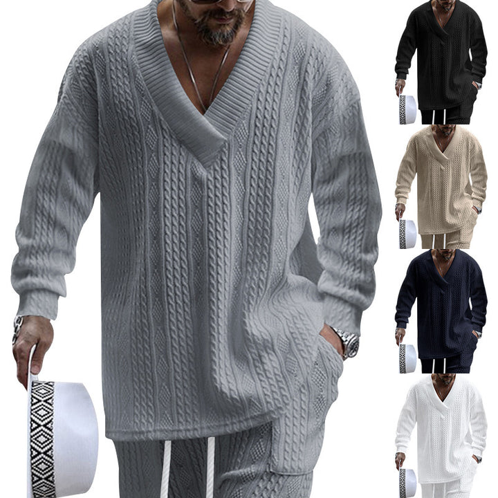 Herren nan Kabelstrick-Set mit tiefem V-Ausschnitt und Kordelbund-Jogginghose Drune