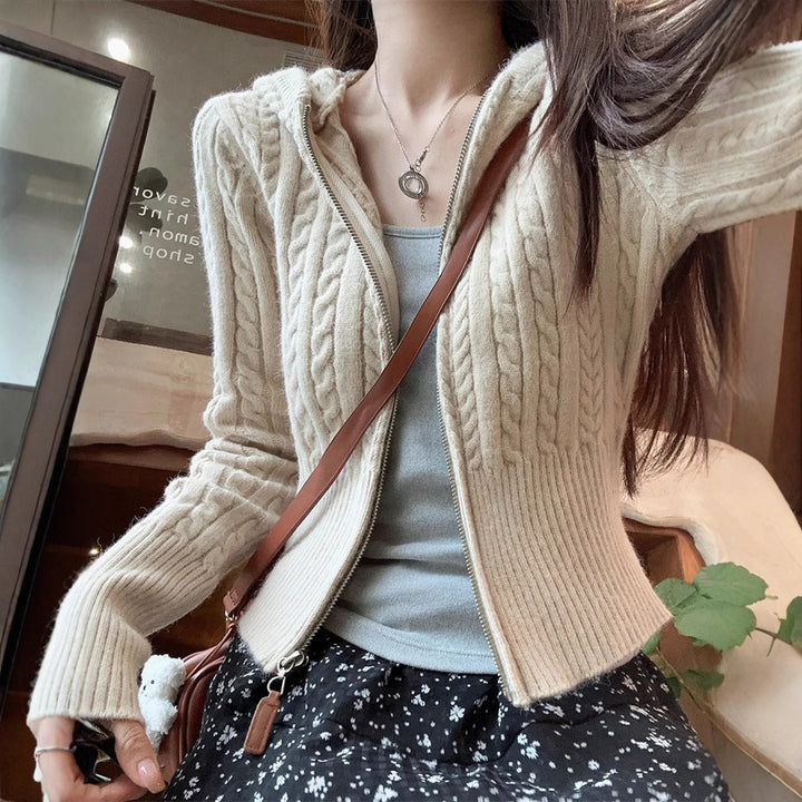 Damen Cropped Strickjacke mit Kapuze und Zopfmuster Drune