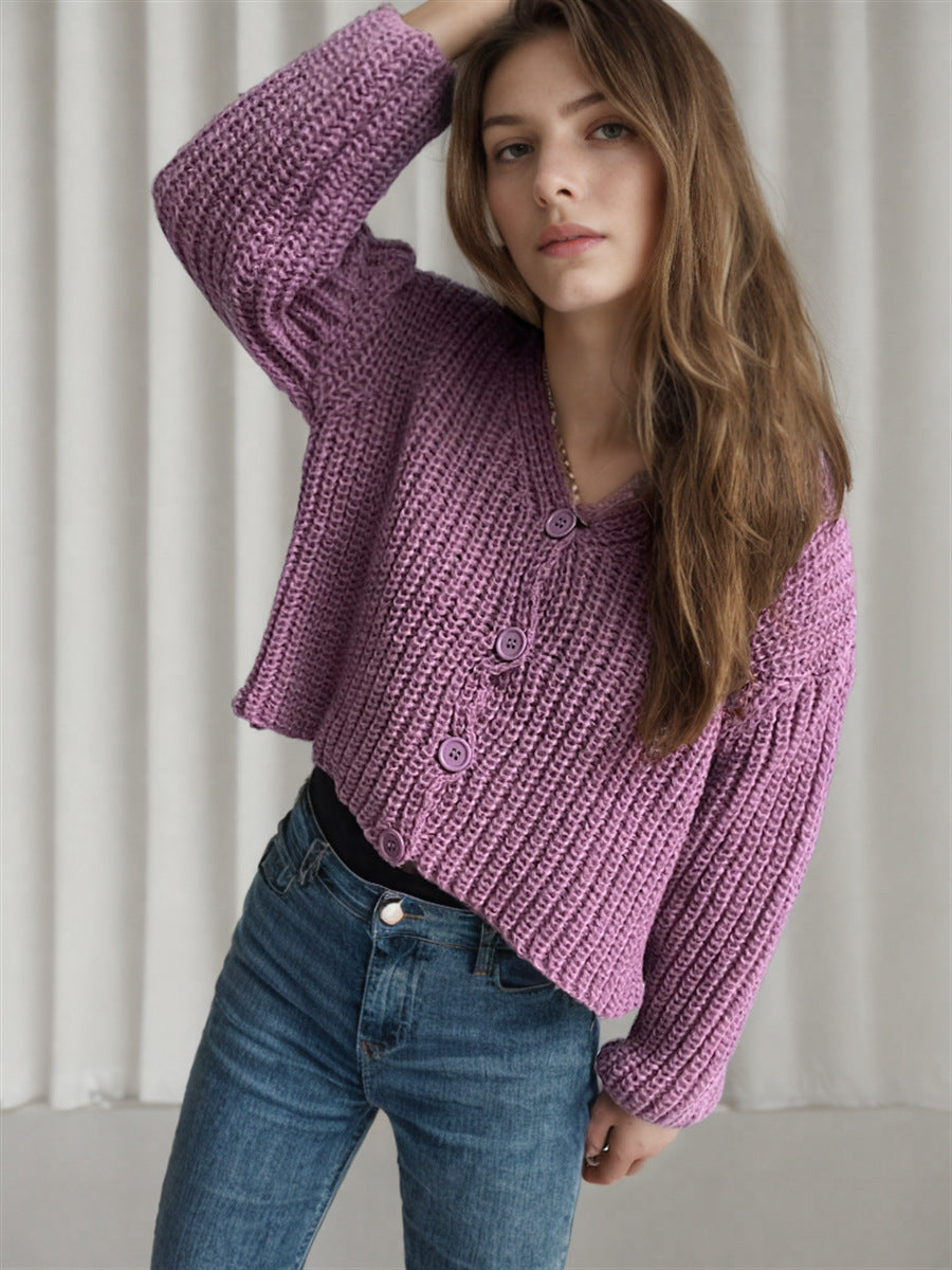 Damen cropped Strickjacke mit grober Maschenstruktur und großen Knöpfen Drune