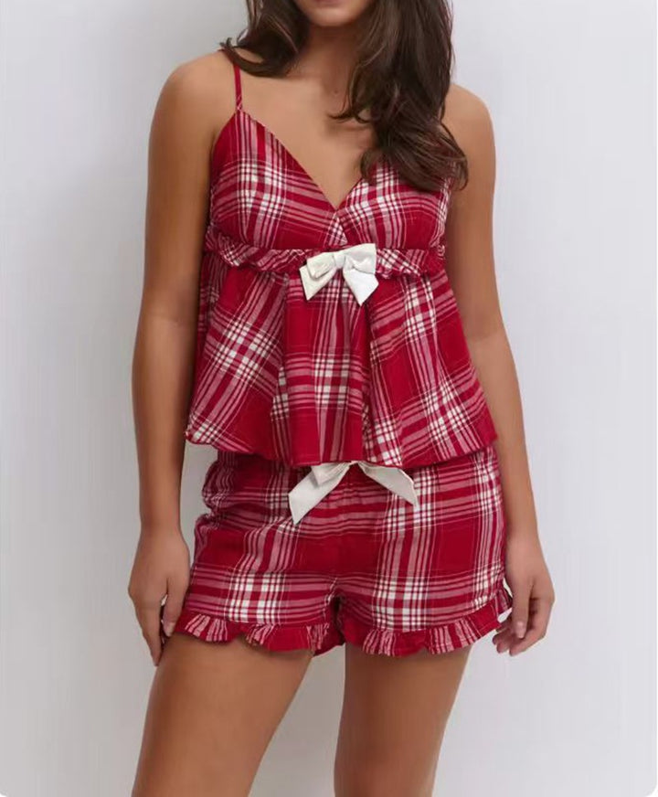 Damen nan lässiges Schlafanzug-Set mit gerafftem Camisole-Oberteil, Rüschenunterbrust und Hose mit Gummibund Drune