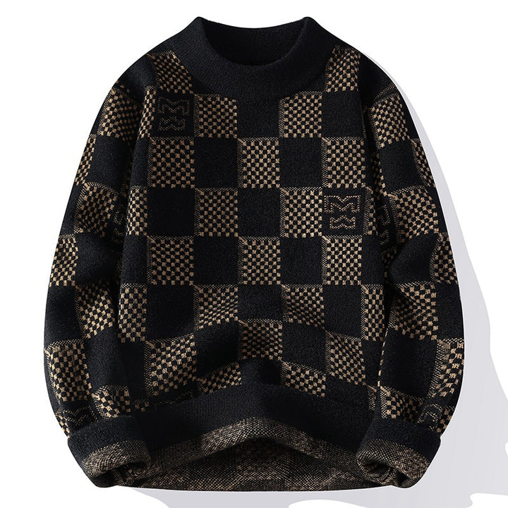 Herren nan karierter Oversize-Strickpullover mit Rundhalsausschnitt, weichem Feinstrick und strukturierter Jacquard-Musterung Drune