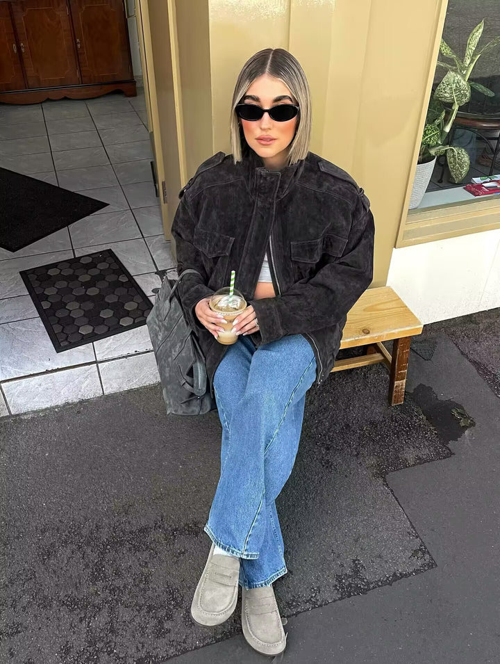 Damen Modische Utility-Jacke mit praktischen Taschen und Stehkragen Drune