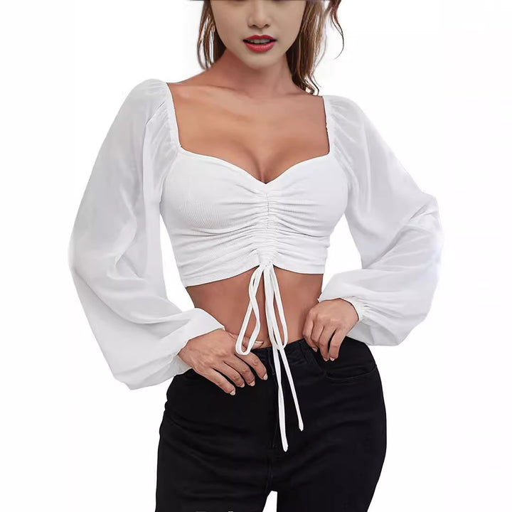 Damen Crop-Top mit strukturiertem Körper und eleganten Puffärmeln Drune